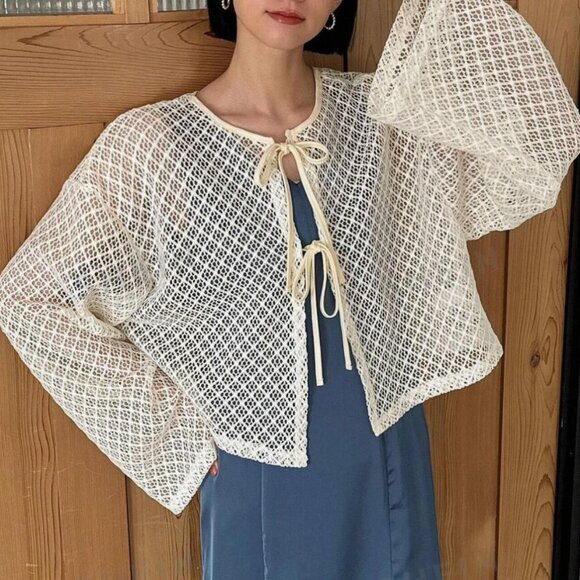 Tops - Knitted Hollow Out Top With Ribbon Tie T12